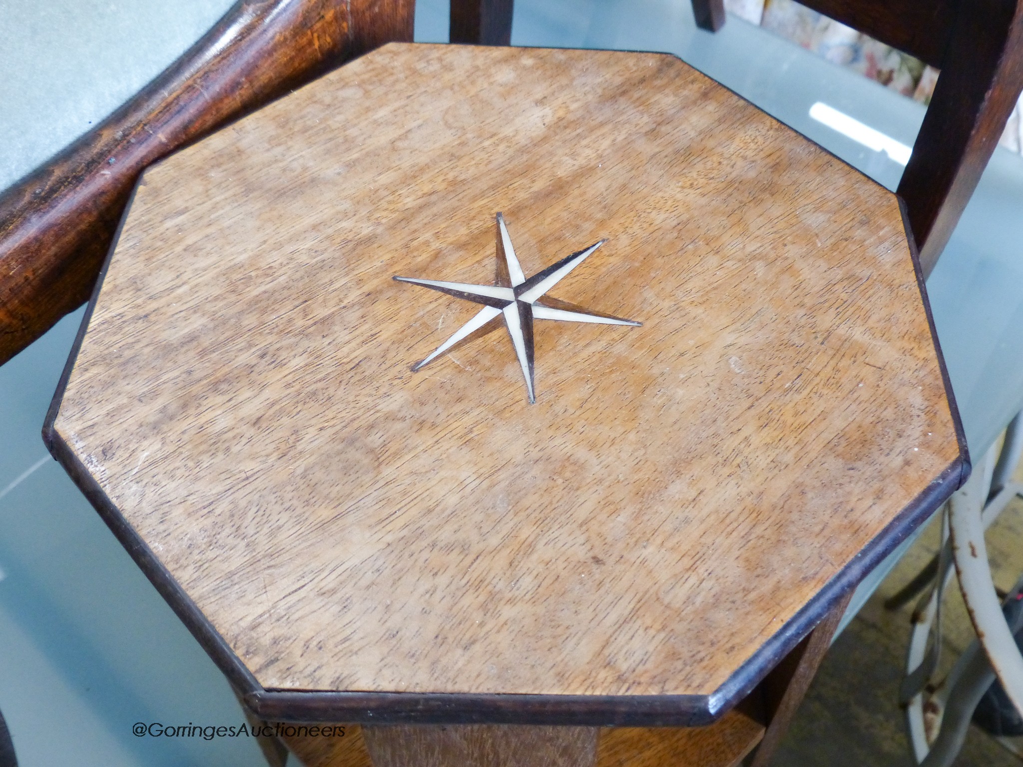 Two African octagonal inlaid hardwood occasional tables. Larger, W-33, H-40cm.